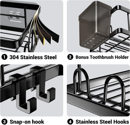 three compartments plus integrated hooks and a dedicated toothpaste holder