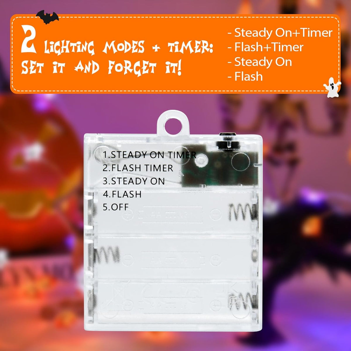 three interchangeable themed attachments: pumpkin, ghost, and bat mini-figures