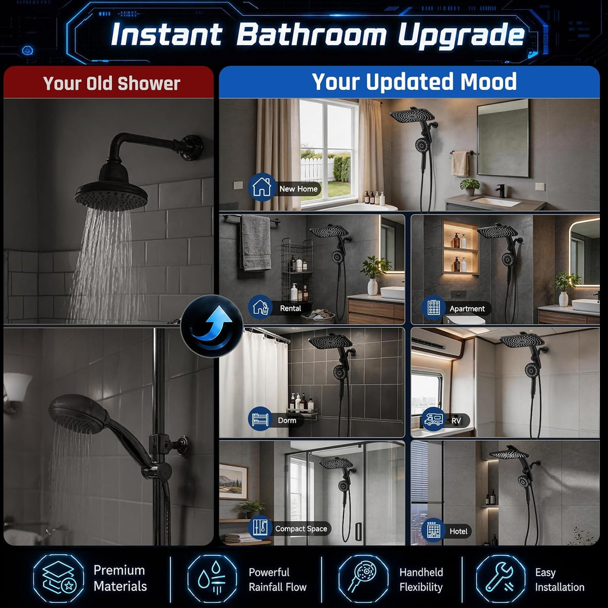 Veken 14 Inch Rectangular Rain Shower Combo – Understated Matte Black Hardware for Less Is More Bathroom Design