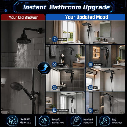 Veken 14 Inch Rectangular Rain Shower Combo – Understated Matte Black Hardware for Less Is More Bathroom Design