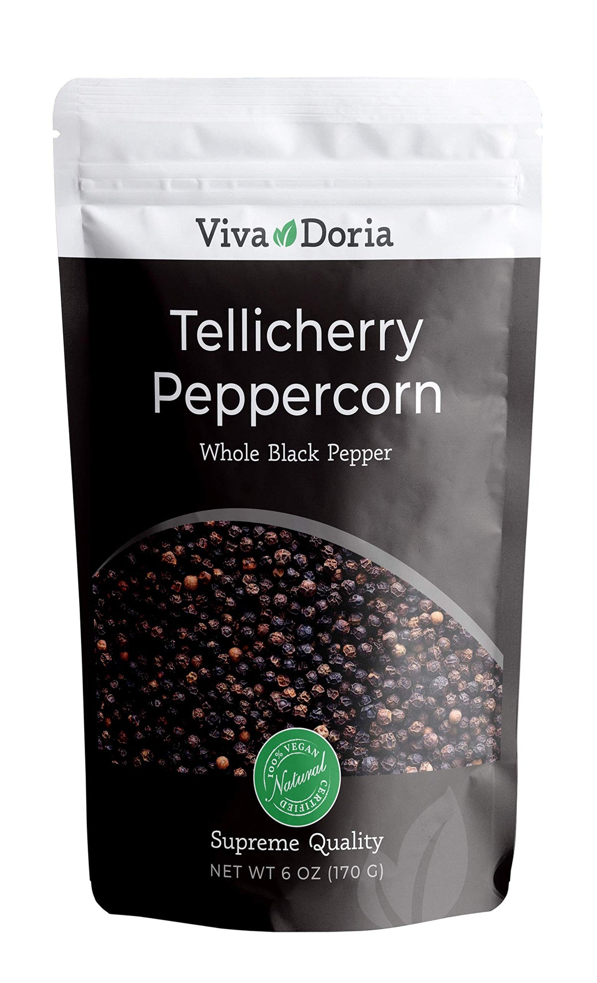 Viva Doria Tellicherry Peppercorn, Whole Black Pepper, Steam Sterilized Black Peppercorns, 6 Oz, For Grinder Refill