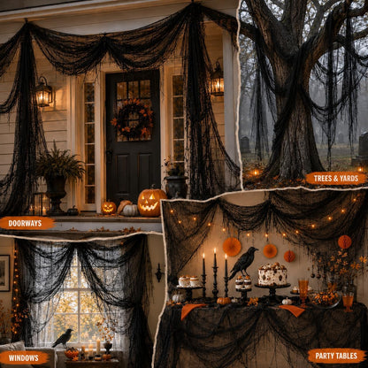 Yobbai Black Halloween Creepy Cloth Drape – Stretchy Cotton Gauze Decor for Mantel, Doorway, and Living Room Walls