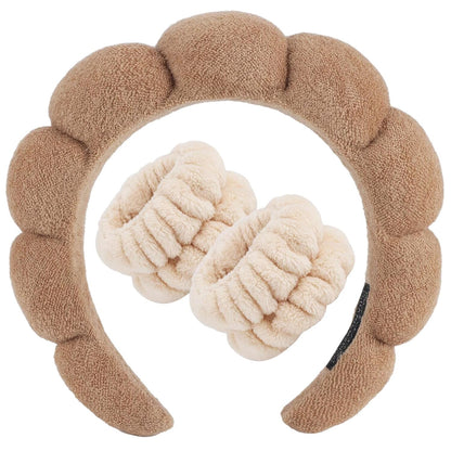 Zkptops Spa Headband for Washing Face Wristband Set Sponge Makeup Skincare Terry Cloth Bubble Soft Get Ready Hairband for Women Girl Puffy Padded Headwear Non Slip Thick Hair Accessory(Brown-2)