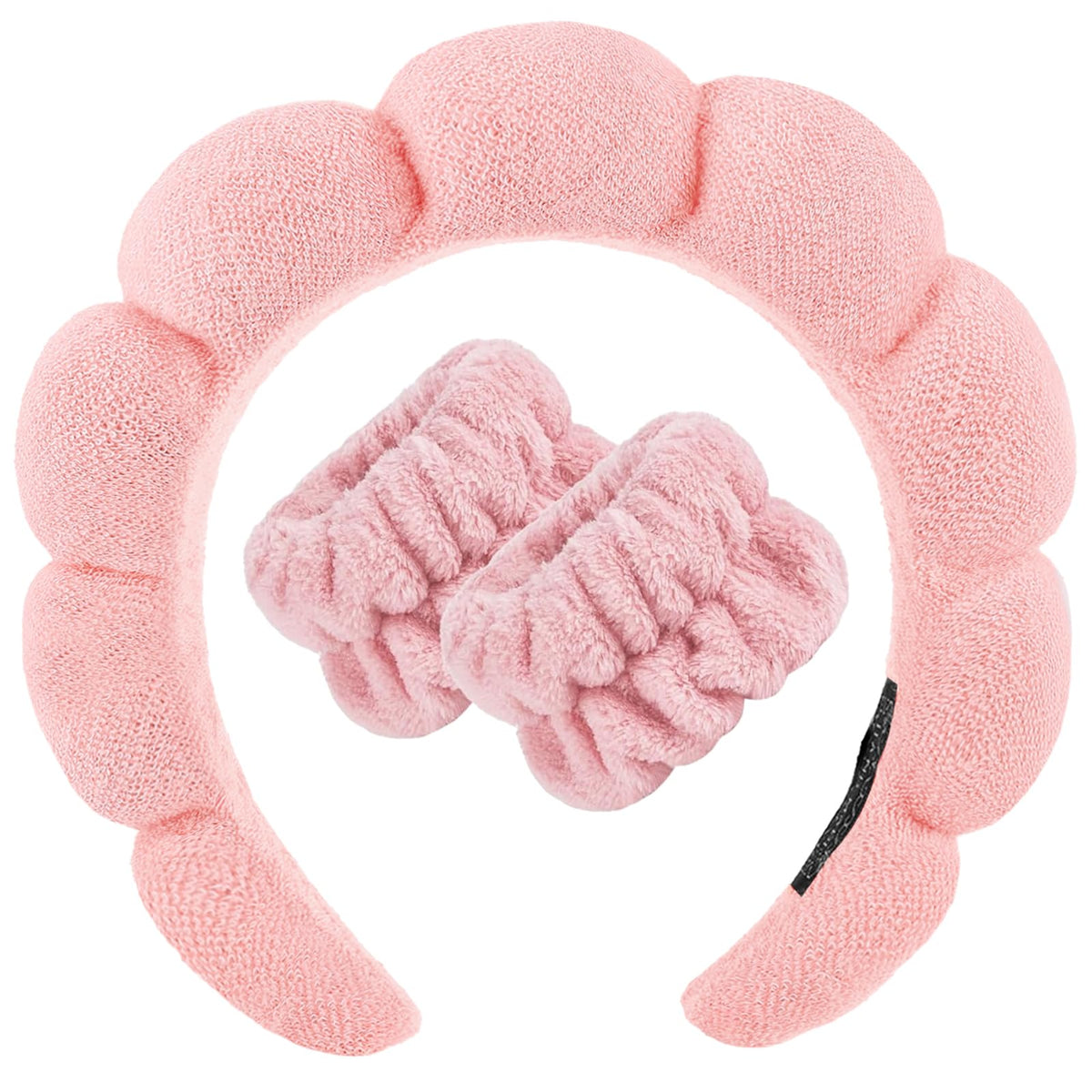 Zkptops Spa Headband for Washing Face Wristband Set Sponge Makeup Skincare Terry Cloth Bubble Soft Get Ready Hairband for Women Girl Puffy Padded Headwear Non Slip Thick Hair Accessory(Orange Pink-2)