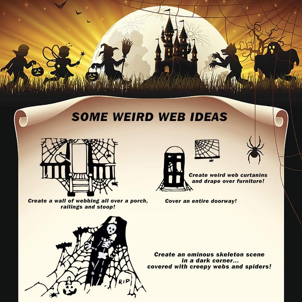 ZPISF Halloween Spider Webs for Kids Party and Classroom – 1400 sqft Family-Safe Stretchy Cobwebs with 150 Fake Spiders, No Flame Needed